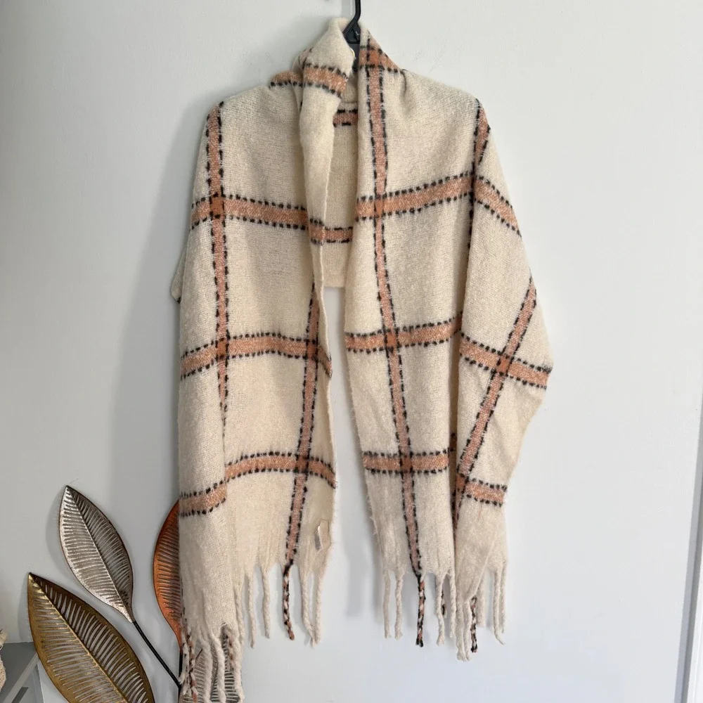 Pilcro Anthropologie Plaid Blanket Scarf Cream Tan Wool Blend Fringe Wrap Shawl